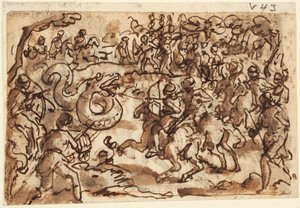 Recto: Der römische Konsul Attilius Regulus kämpft gegen eine riesige afrikanische Schlange, aus Plinius