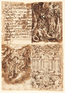 Recto, oben links: Passage über die Frau der Apokalypse, aus dem Buch der Offenbarung; Recto, oben rechts: Frau der Apokalypse; Recto, unten links: Frontispiz zur Druckserie über das Leben der Jungfrau; Recto, unten rechts: Krönung der Jungfrau von Jan van der Straet, called Stradanus
