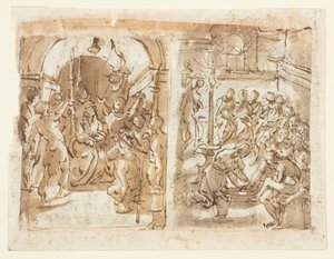 Recto, links: Die Verspottung Christi; Recto, rechts: Christus wäscht die Füße der Apostel; Verso: Hinrichtung von Maria Stuart, Königin von Schottland im Jahr 1587 von Jan van der Straet, called Stradanus