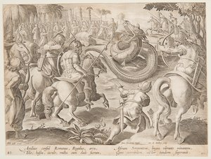 Der römische Konsul Attilius Regulus kämpft gegen eine riesige afrikanische Schlange, Platte 25 in der Venationes Ferarum Serie