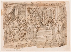 Die Einführung des Seidenwurms am Hofe von Kaiser Justinian, Entwurf für "Ser, sive sericus vermis," Platte 8 in der Nova Reperta (Neue Erfindungen der Neuzeit) Druckserie von Jan van der Straet, called Stradanus