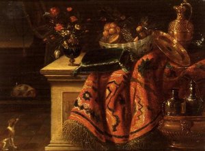 Ein Stillleben mit einer Vase mit Blumen, Obst in einer Schale, einem vergoldeten Silberkrug und Teller & einem Kissen