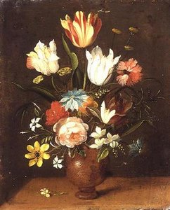 Tulpen, Rosen, Nelken und andere Blumen in einer Vase von Jan van the Elder Kessel