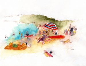 Strandsonnenanbeter und Surfer in der Hanalei-Bucht, ca. 2019 von Janel Bragg