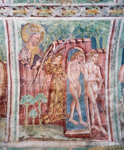 Hrastovlje befestigte Kirche, Dreifaltigkeitskirche, Adam und Eva aus dem Paradies vertrieben (1490), Detail aus Fresken von Janez Iz Kastva, Slowenien von Janez Kastav
