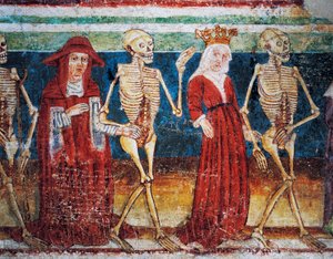 Hrastovlje befestigte Kirche, Dreifaltigkeitskirche, Tod begleitet Königin und Kardinal, Totentanz (1490), Detail aus Fresken von Janez Iz Kastva, Slowenien