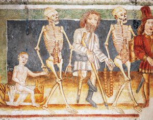 Hrastovlje befestigte Kirche, Dreifaltigkeitskirche, Tod begleitet Kind und Arme, Totentanz (1490), Detail aus Fresken von Janez Iz Kastva (1490), Slowenien von Janez Kastav