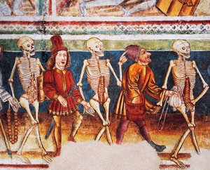 Hrastovlje Wehrkirche, Dreifaltigkeitskirche, Tod begleitet Kaufmann und wohlhabenden Banker, Totentanz (1490), Detail aus Fresken von Janez Iz Kastva, Slowenien