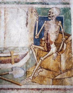 Hrastovlje Wehrkirche, Dreifaltigkeitskirche, Tod öffnet Grabplatte, Totentanz (1490), Detail aus Fresken von Janez Iz Kastva, Slowenien von Janez Kastav