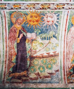 Hrastovlje Wehrkirche, Dreifaltigkeitskirche, Genesis, Gott erschafft Sonne, Mond und Sterne (1490), (Detail) von Janez Kastav