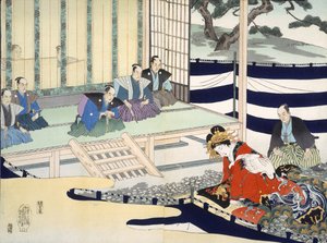 Ein Mann verhört eine Frau, aus einem Album von Holzschnitten des 19. Jahrhunderts von Japanese School