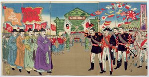 Ein Treffen zwischen japanischen Offizieren und koreanischen Beamten, eine Episode aus dem Chinesisch-Japanischen Krieg, späte 19. Jahrhundert von Japanese School