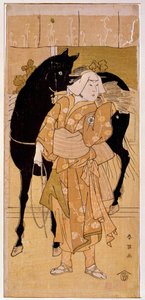 Ein Schauspieler, der einen Bauern und sein Pferd darstellt. Japanischer Druck aus dem 19. Jahrhundert. Paris, Musée Guimet, Nationalmuseum für Asiatische Kunst von Japanese School