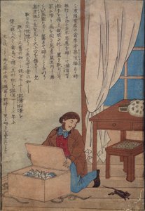 Audubon öffnet seine von Norwegischen Ratten zerstörten Aquarellkästen, ca. 1872-77 von Japanese School