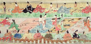 Bankettszene aus einer bemalten Schriftrolle der Geschichte von Muramatsu
