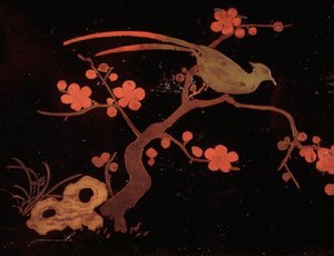Vogel- und Blumenmotive, Holz- und Lack-Bunko-Box von Japanese School