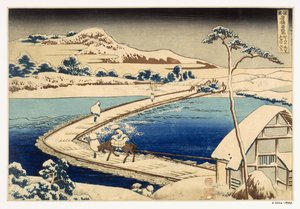 Brücke aus Booten in Sawa, 1830, Hokusai Katsushika (Handkolorierter Holzschnitt) von Japanese School