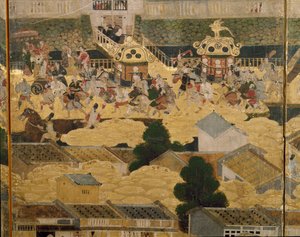 Detail von Ansichten in und um Kyoto (Rakuchu rakugai zu), ca. 1616-24 (Tinte, Farbe & Blattgold auf Papier)