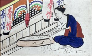 Ema (Votivtafel) zeigt eine Frau, die Milch ausdrückt von Japanese School