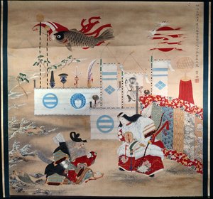 Kaiserin Jingo Kogo und der alte General Takeshi Vchi No Sukune, der den Sohn der Kaiserin Homuda hält - Das Karpfenbanner symbolisiert den Sohn der Kaiserin