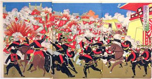 Heftige Kämpfe zwischen japanischen und chinesischen Truppen in einer chinesischen Stadt, eine Episode aus dem Chinesisch-Japanischen Krieg, späte 19. Jahrhundert