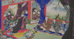 Fischer zeigen ihre Penisse der Kaiserin und ihrem Hof, aus einer erotischen Geschichte von Fischern, die auf einer Insel voller Frauen Schiffbruch erlitten (handkolorierte Gravur) von Japanese School