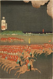Französische und britische Truppen bei militärischen Trainingsmanövern, Yokohama, Japan. Britische Kavallerieübung. Teil eines Triptychons von Taiso Yoshitoshi (1839-1892), japanischer Ukiyo-e-Künstler. Pferd von Japanese School