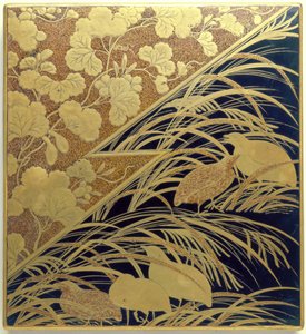 Tuschsteinkasten mit Pampasgras und Wachtel, Edo-Periode, ca. 1630 von Japanese School