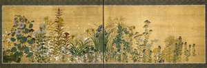 Japanische Kunst: Paravents mit Blumenmotiven. Stil der Rimpa-Schule (1596-1615). Malerei auf Seide. Private Sammlung von Japanese School