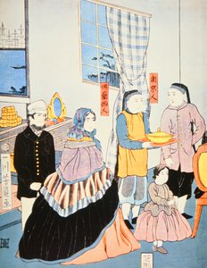 Japanischer Druck ca. 1870 zeigt europäische Besucher in Japan von Japanese School