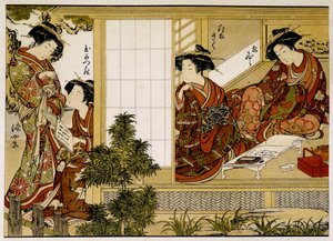 Japanische Frauen, die schreiben und lesen. Druck aus dem 18. Jahrhundert. von Japanese School