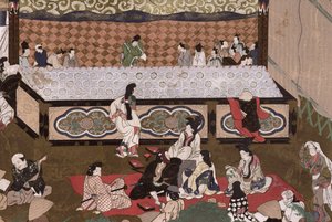 Kabuki-Theater auf einem Jahrmarkt in Kyoto, Illustration nach einem Gemälde aus dem 17. Jahrhundert aus 