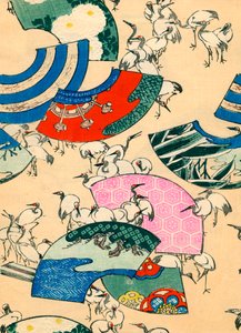 Mehrfarbige Fächer mit Kranichen von Japanese School