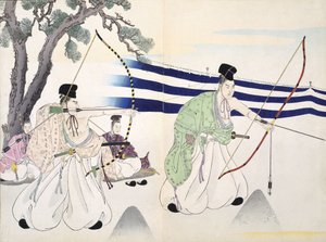 Adlige üben Bogenschießen (Detail), 19. Jahrhundert, aus einem Album von Holzschnitten von Japanese School