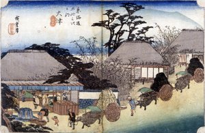 Bauern überqueren ein Dorf mit ihren Karren - Japanischer Druck von Japanese School