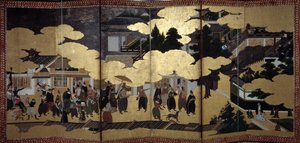 Portugiesischer Paravent: Darstellung der Ankunft portugiesischer Jesuitenmissionare in Japan im 16. Jahrhundert von Japanese School
