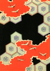 Rote Wolken mit fliegenden Kranichen von Japanese School