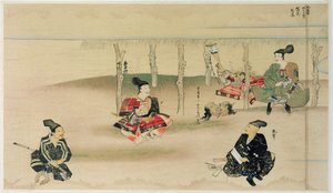Samurai Takezaki übergibt die Köpfe von zwei mongolischen Invasoren an Adachi Morinume während der mongolischen Invasion Japans 1274, Illustration aus Kokka Magazin, Mai 1921 von Japanese School