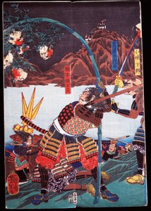 Samurai zeigen die abgeschlagenen Köpfe ihrer Feinde auf Bambusstangen, Sewamono (häusliches Spiel) von Japanese School