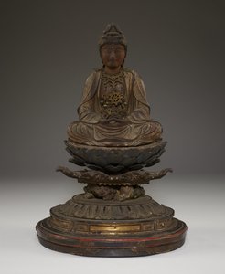 Sitzender Miroku Bosatsu (polychromiertes Holz mit Kristall, Metall und Blattgold)