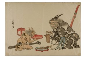 Shoki serviert einem Dämon Sake, ca. 1895-1905 (Tinte auf Papier) von Japanese School