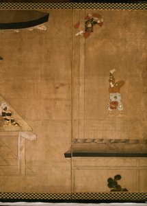 Sechsteilige Leinwand, die Akrobaten zeigt, die vor einem reichen Haushalt auftreten von Japanese School