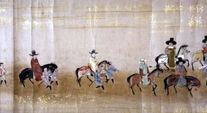 Sechste koreanische Gesandtschaft nach Japan in Meireki 1 zur Zeit der Nachfolge von Tokugawa Ietsuna im Jahr 1651, möglicherweise von Kano Masunobu (1625-94) (Detail) von Japanese School