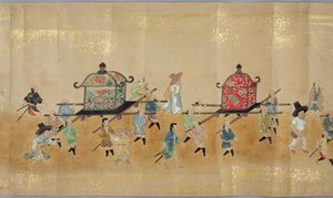 Sechste koreanische Gesandtschaft nach Japan in Meireki 1 zur Zeit der Nachfolge von Tokugawa Ietsuna im Jahr 1651, möglicherweise von Kano Masunobu (1625-94) (Rollbild) (Detail) von Japanese School