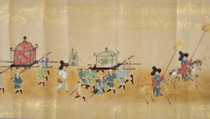 Sechste koreanische Gesandtschaft nach Japan in Meireki 1 zur Zeit der Nachfolge von Tokugawa Ietsuna im Jahr 1651, möglicherweise von Kano Masunobu (1625-94) (Rollbild) (Detail) von Japanese School