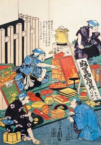 Stand mit Kisten, Fächern, Büchern und Kakemonos von Japanese School