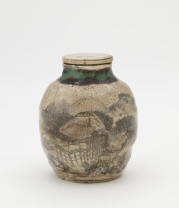 Teeblattkrug für Sencha, mit passendem Deckel, Kyoto-verwandte Ware, Teeblattkrug (Sencha Tsubo)