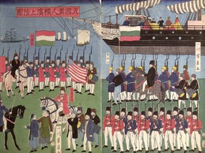 Die Ankunft des Geschwaders von Commodore Perry in einem japanischen Hafen im Jahr 1853 (Farbholzschnitt) von Japanese School