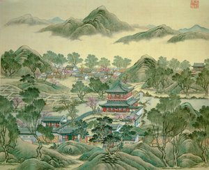 Detail eines Pavillons eines japanischen Drucks aus dem 19. Jahrhundert