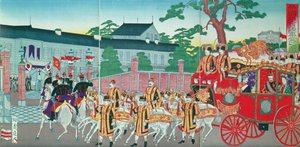 Der Kaiser Mutsuhito (1852-1912) kehrt in seinen Palast in Tokio zurück, späte 19. Jahrhundert von Japanese School